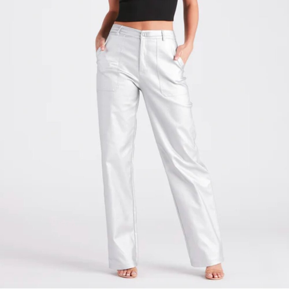 Space Glam Coated Faux Leather Cargo Pants - Silver